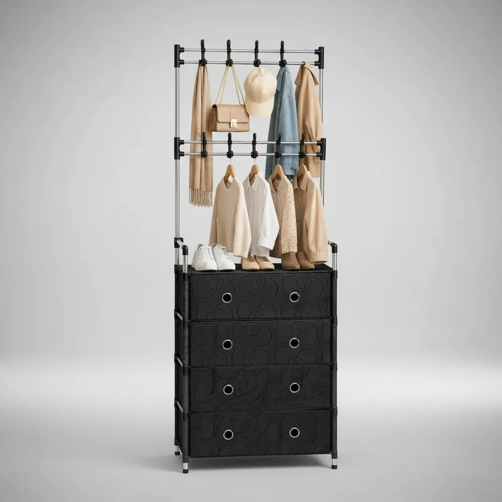 Cómoda organizadora de 4 cajones con perchero, vista principal
