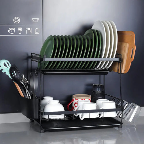 Escurridor metálico de 2 niveles con platos y tazas