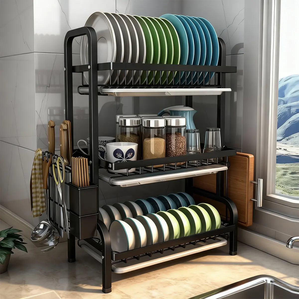 Escurridor de platos 3 niveles organizado en mesada de cocina