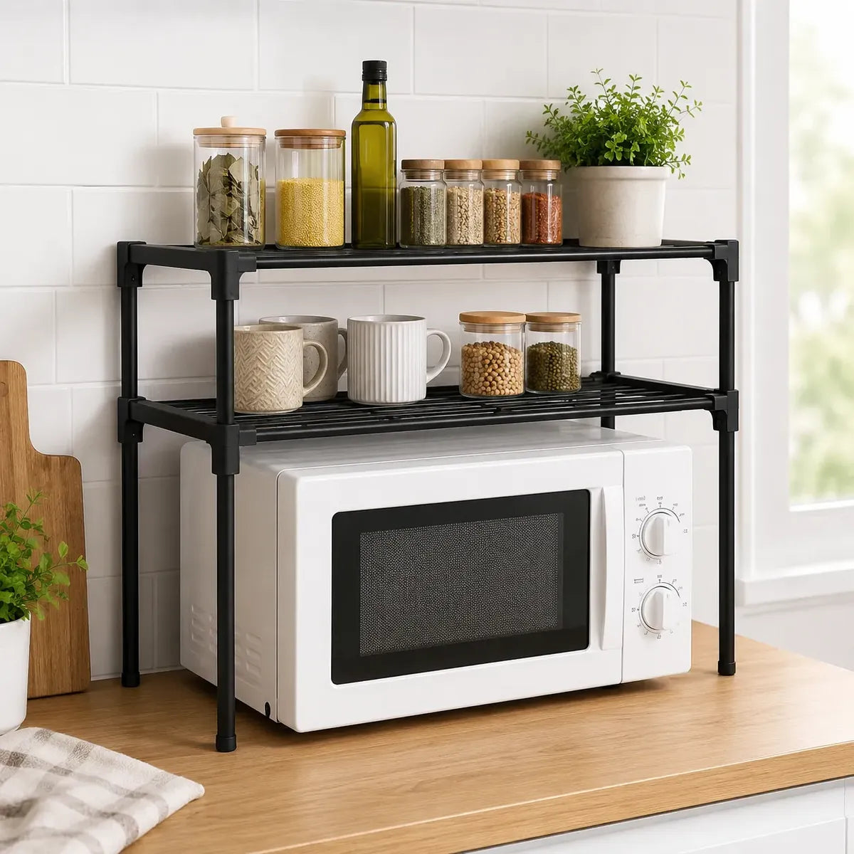Estante organizador metálico de 2 niveles para microondas en cocina