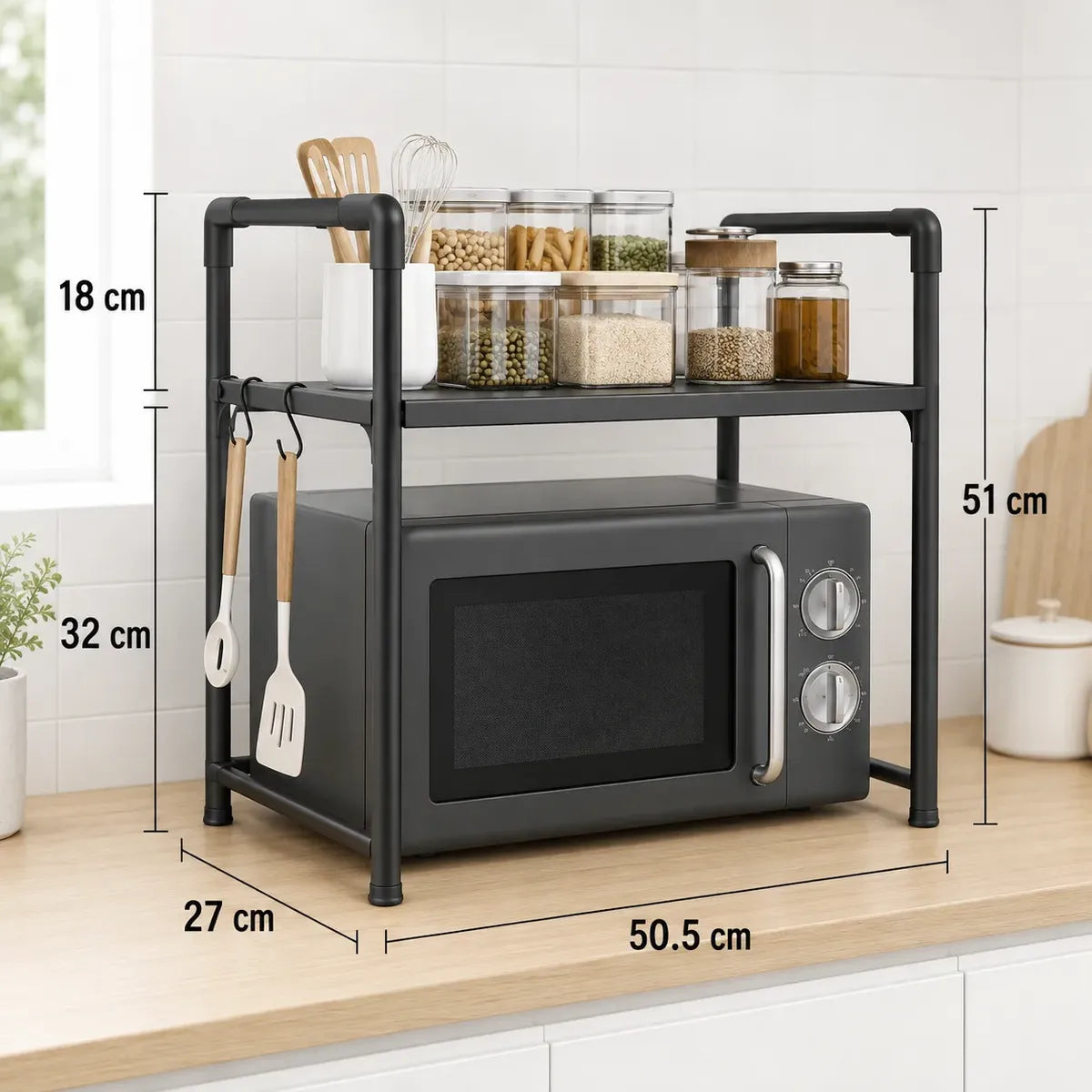 Estante organizador de plástico para microondas en cocina
