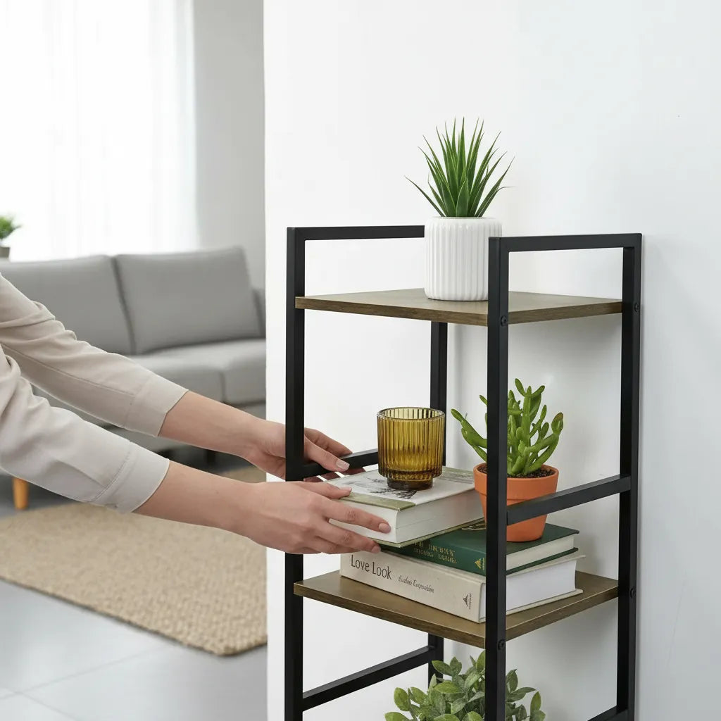 Estantería de 3 niveles madera y metal organizando libros y plantas