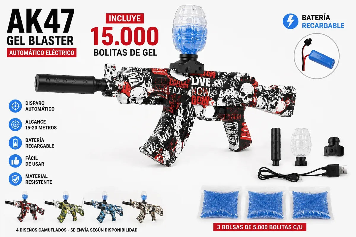 Características del Gel Blaster AK47 automático con batería recargable y alcance de 15 a 20 metros
