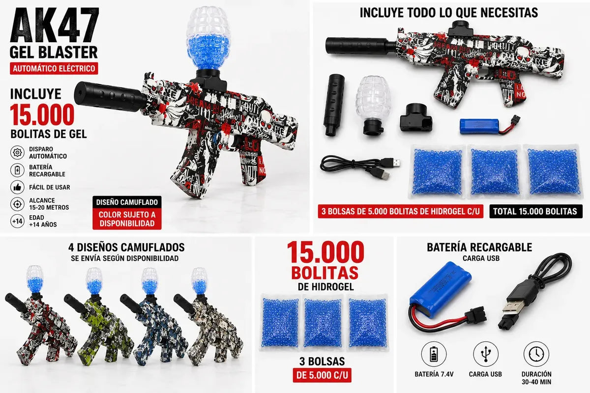 Gel Blaster AK47 con accesorios, batería recargable y 15000 bolitas de hidrogel