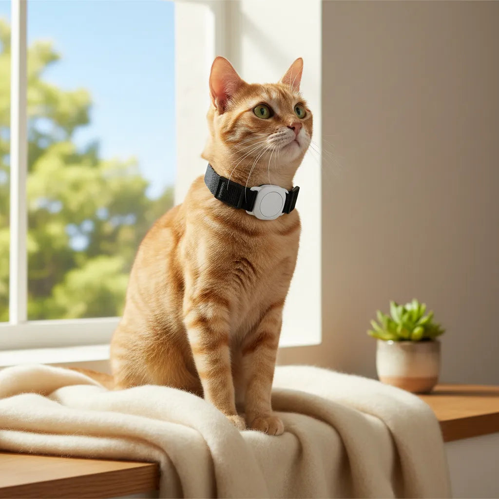 Gato con localizador Bluetooth blanco en contexto de hogar