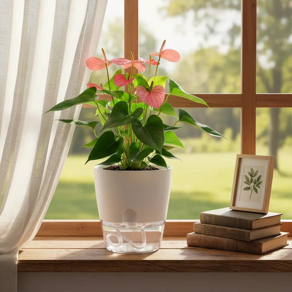 Maceta autorregable tamaño M con planta junto a una ventana