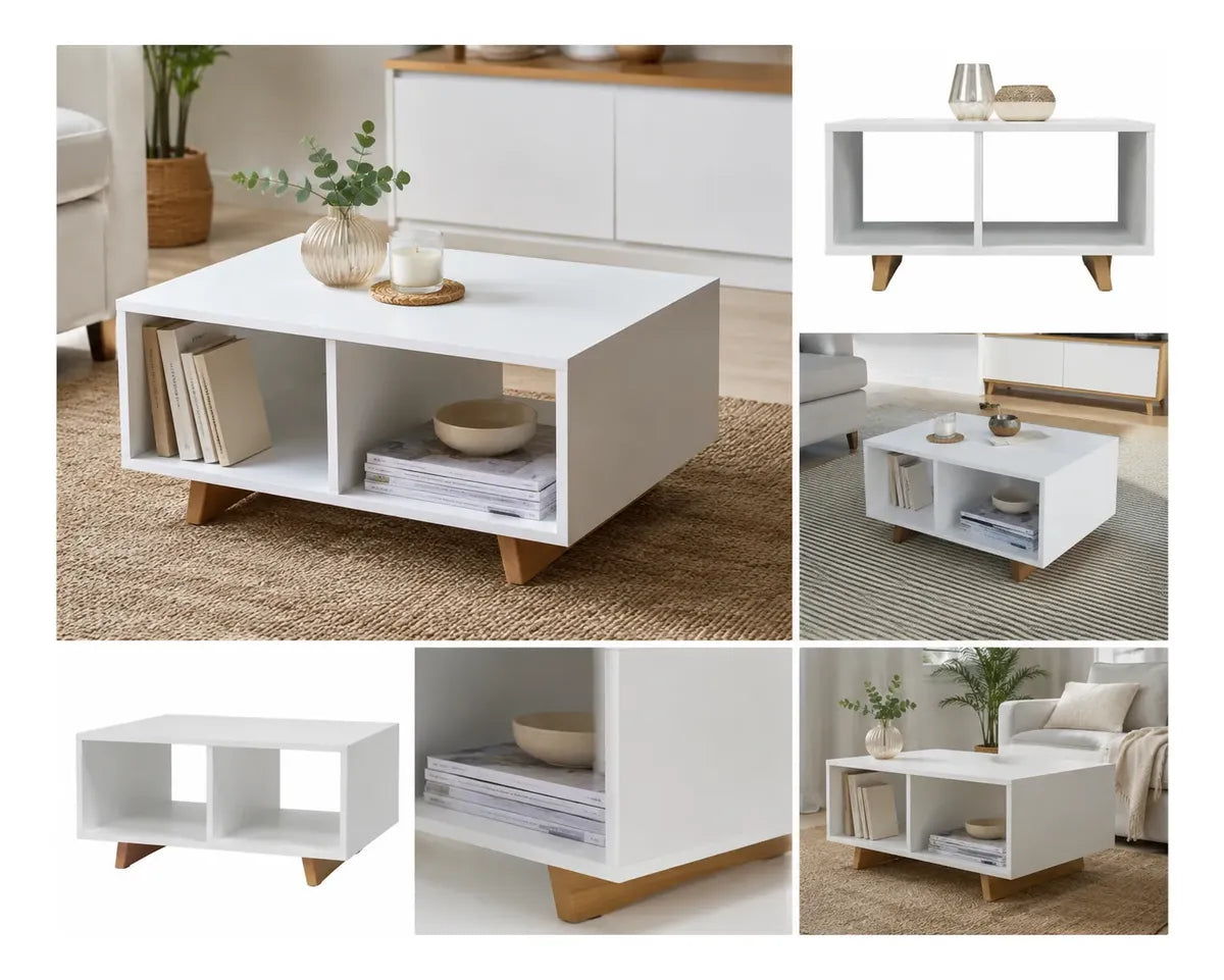Detalles y usos de mesa ratona Nomad blanca con patas color miel