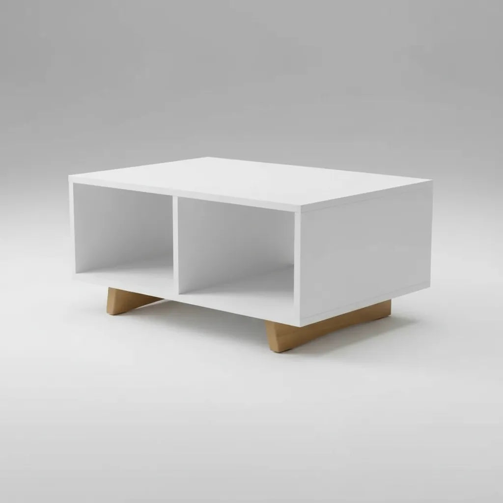 Mesa ratona Nomad blanca con patas color miel sobre fondo limpio