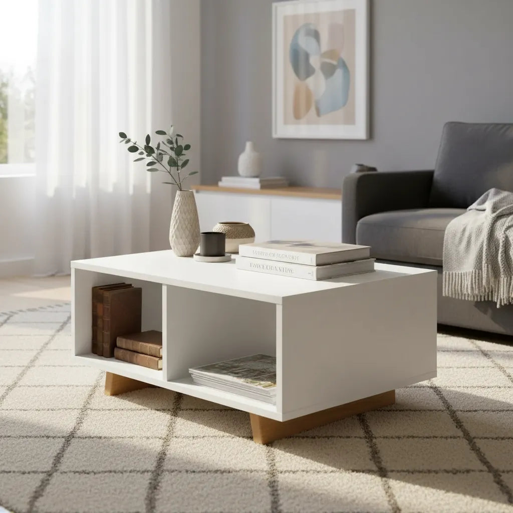 Mesa ratona Nomad blanca con estantes en living moderno