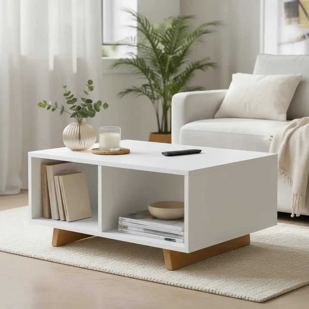 Mesa ratona Nomad blanca con dos nichos de guardado