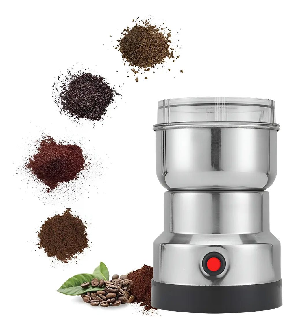 Molinillo eléctrico para café y semillas sobre fondo blanco