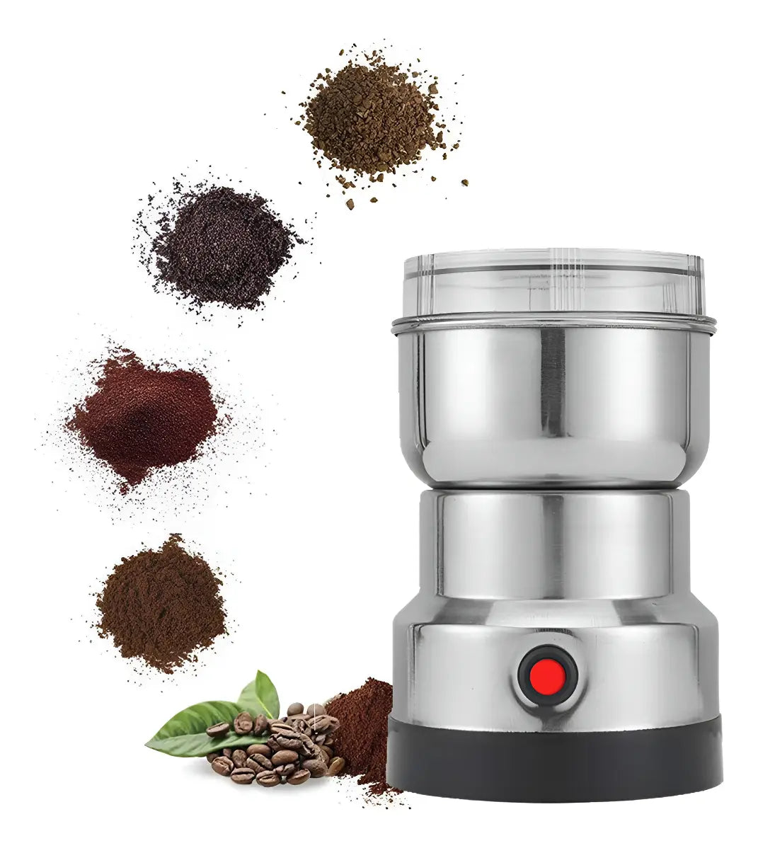 Molinillo eléctrico para café y semillas sobre fondo blanco
