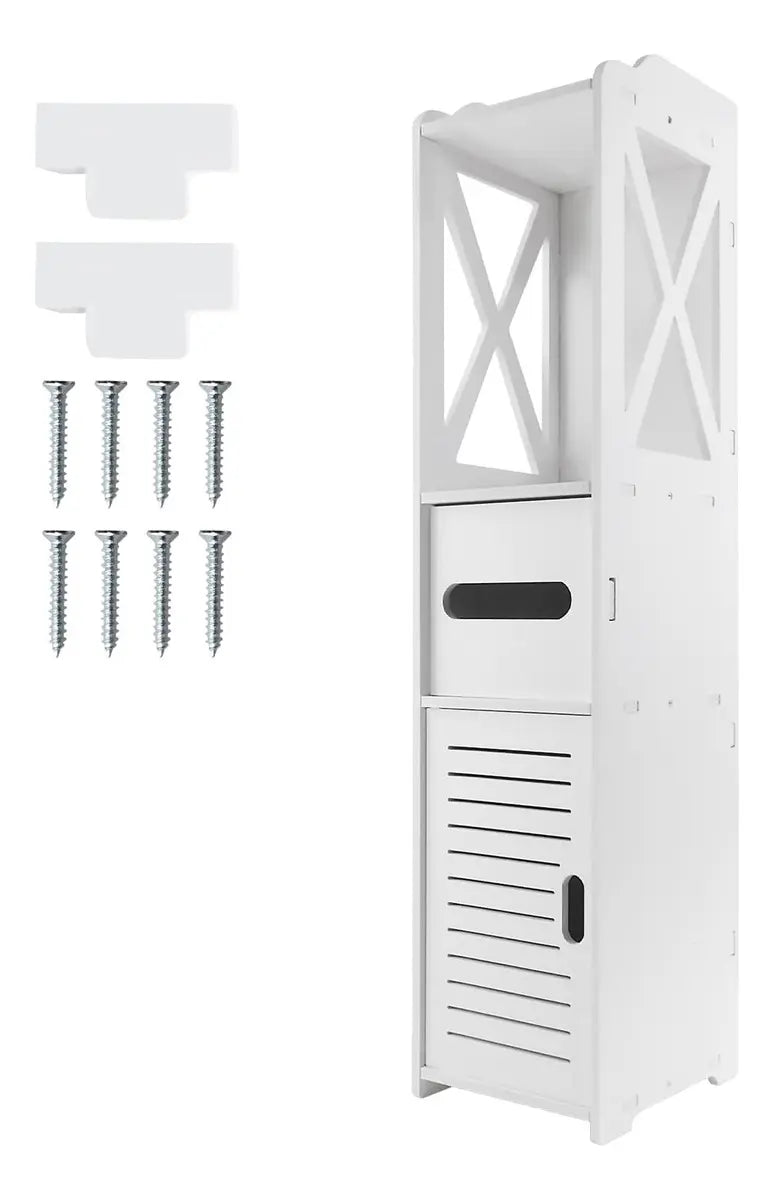 Mueble organizador de baño blanco con piezas de armado