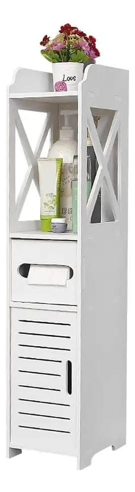 Mueble organizador de baño angosto blanco con puerta y estantes