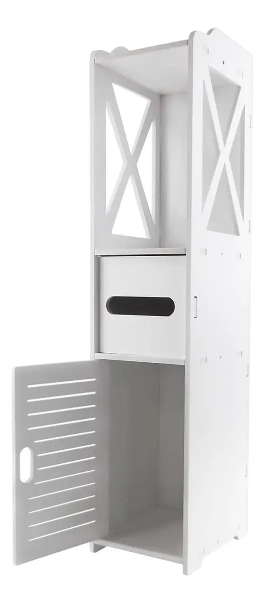 Mueble organizador de baño angosto con puerta inferior abierta