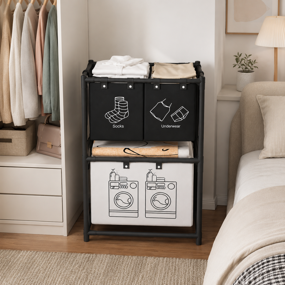 Organizador de ropa de 3 compartimentos en dormitorio