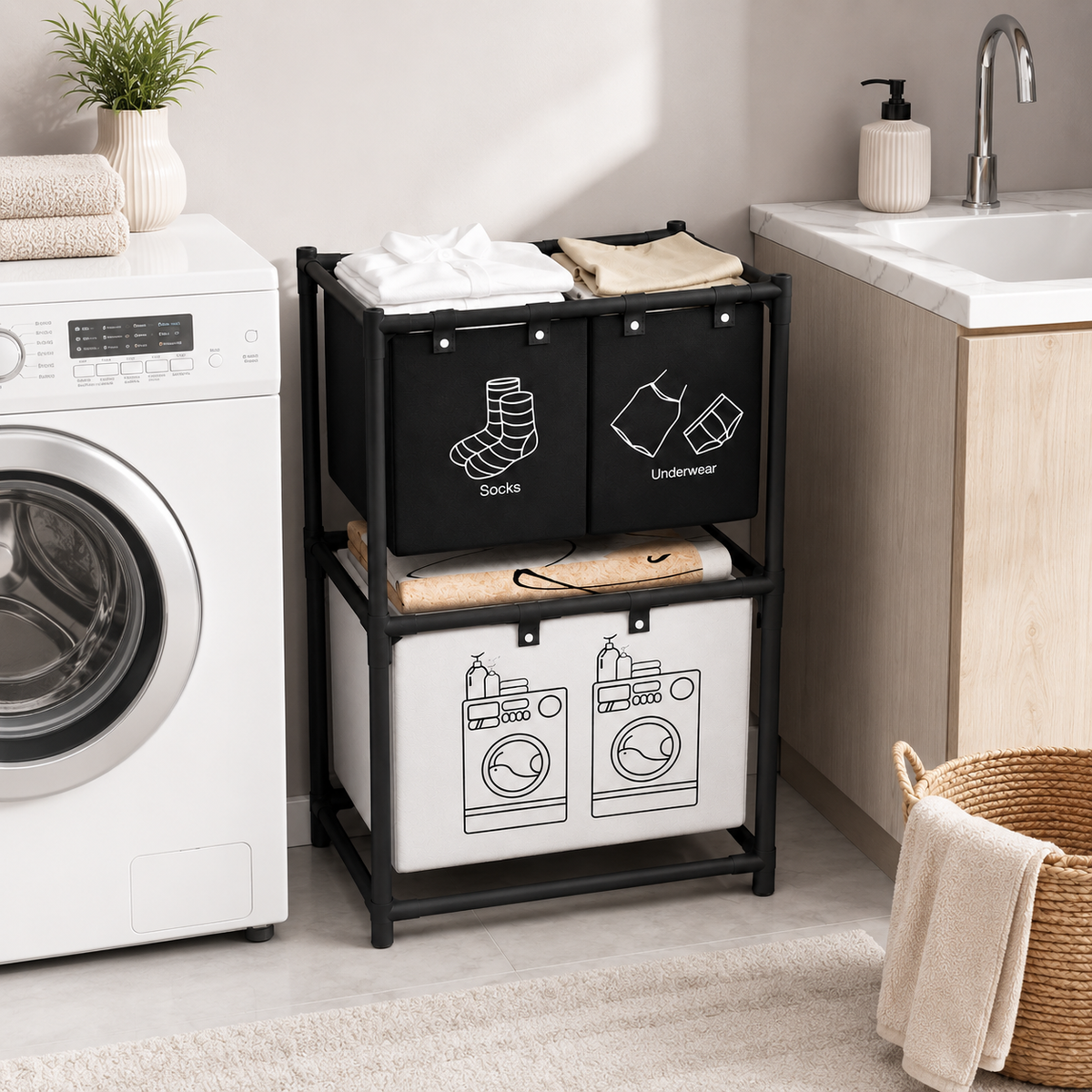 Organizador de ropa de 3 compartimentos en lavandería