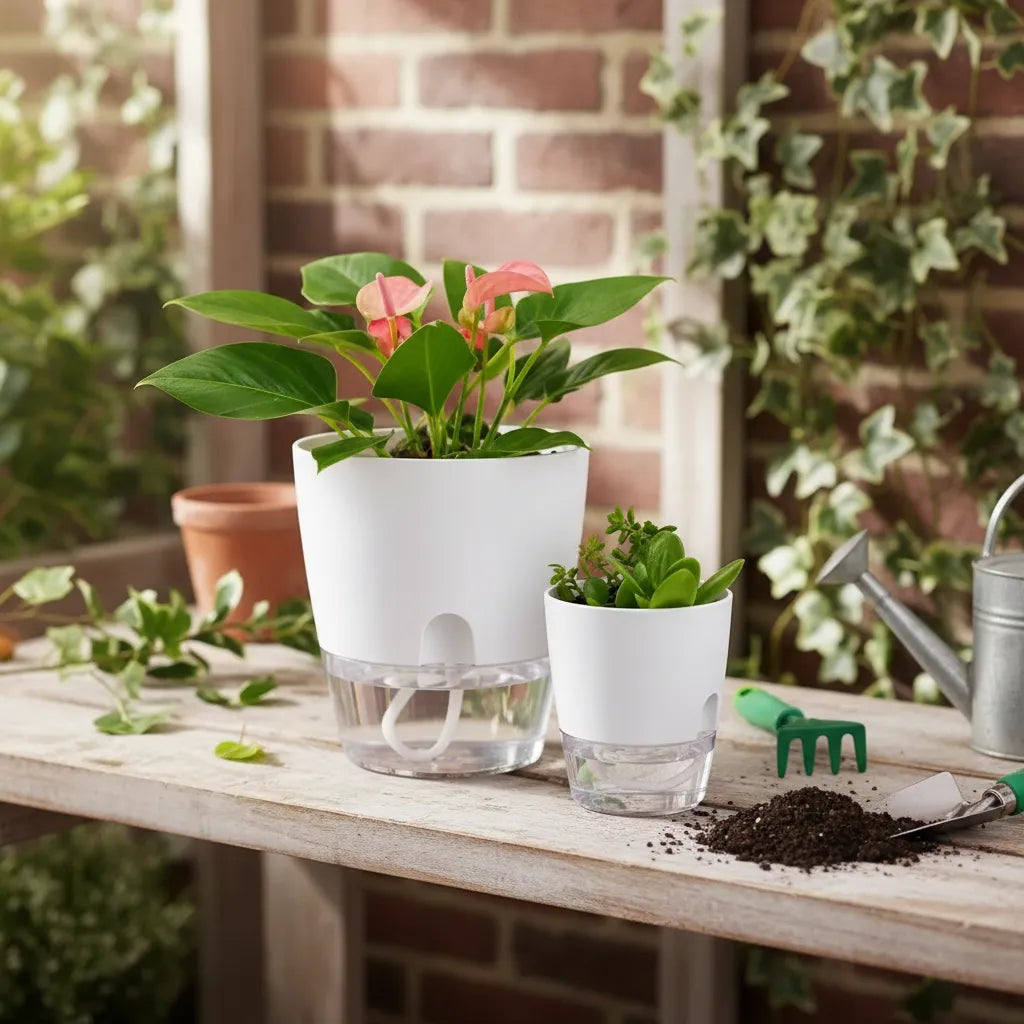 Macetas autorregables tamaños S y M con plantas en contexto de jardín