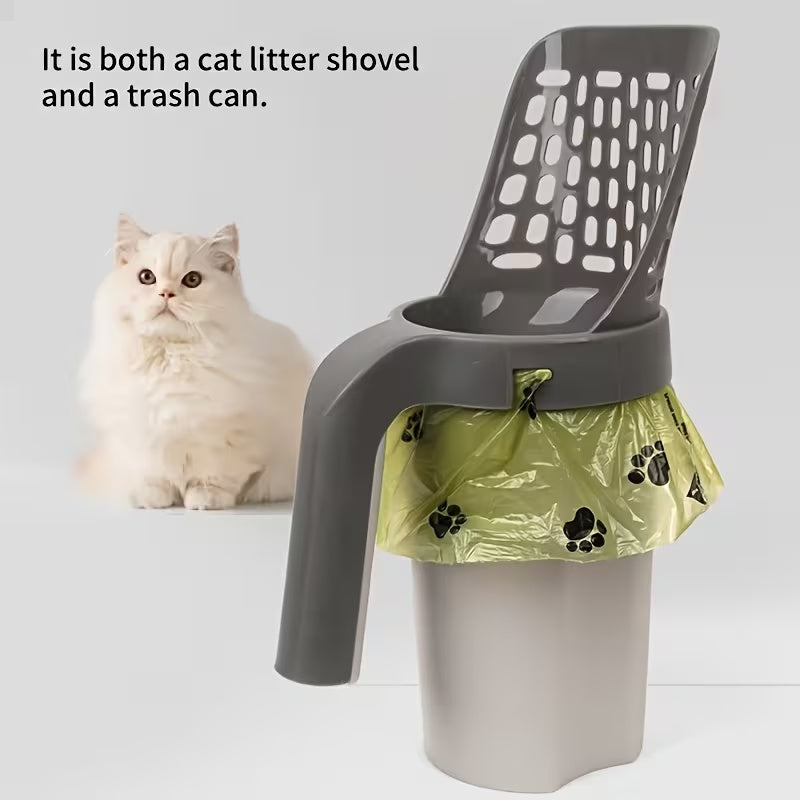 Pala para arenero de gato en uso con bolsa colocada en el depósito