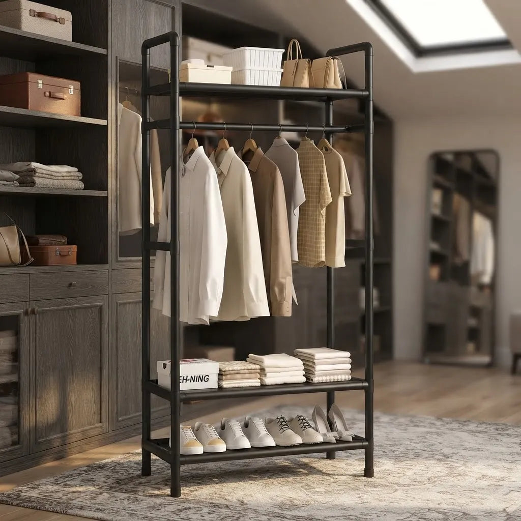 Perchero organizador con ropa y calzado en vestidor