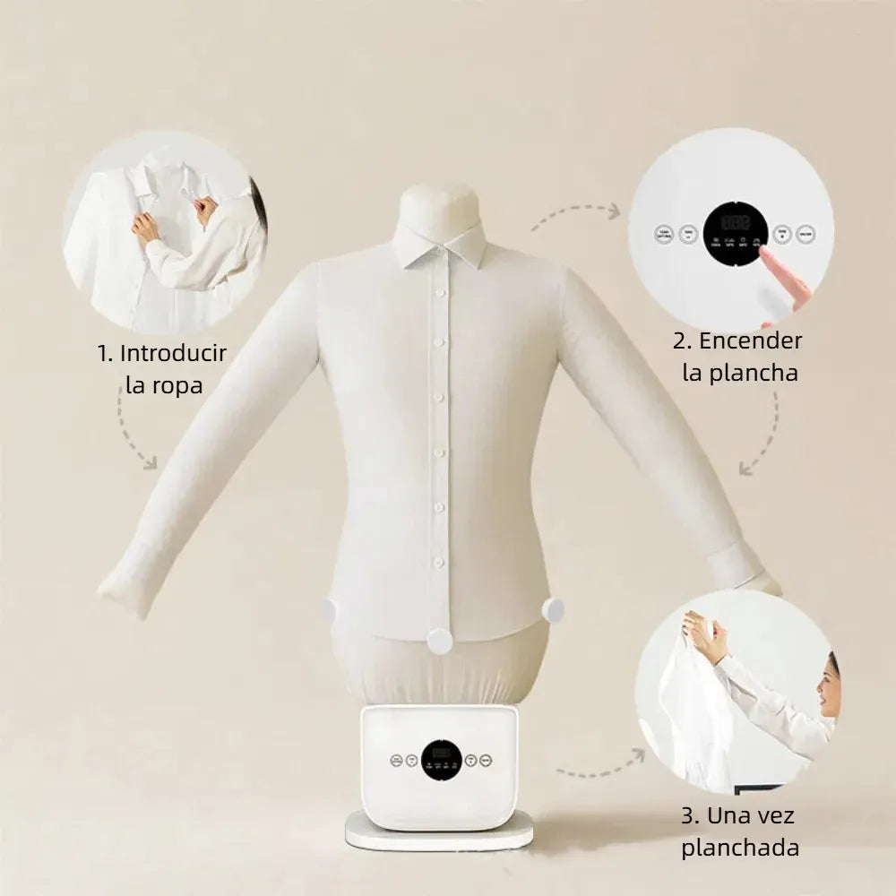 Pasos de uso de la plancha automática de ropa con maniquí inflable