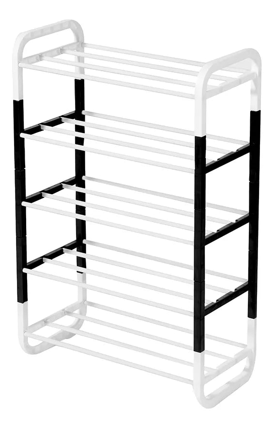 Zapatero organizador de 5 niveles blanco y negro sobre fondo blanco
